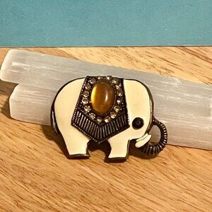 Vintage Elephant Brooch Pin Enamel Rhinestones Amber colored bead